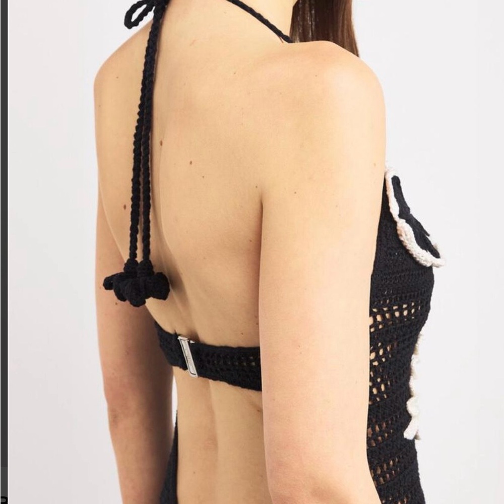 PatBI Black Crochet Halter Mini Dress with White Floral Appliqués - Picture 4 of 12